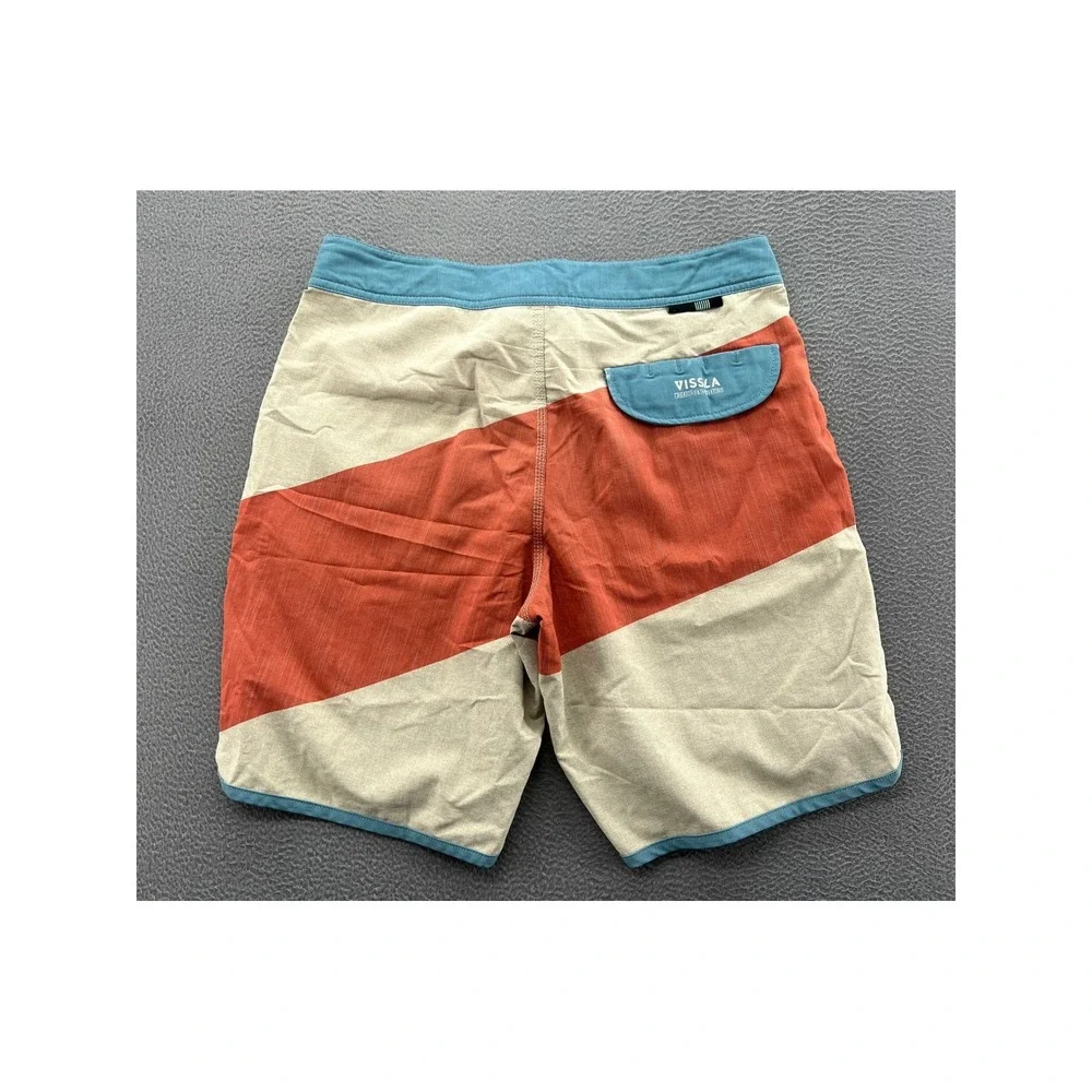 Vissla Mens Board Shorts 32 Rust Orange Beige Blue Colorblock Surf Swim Trunks